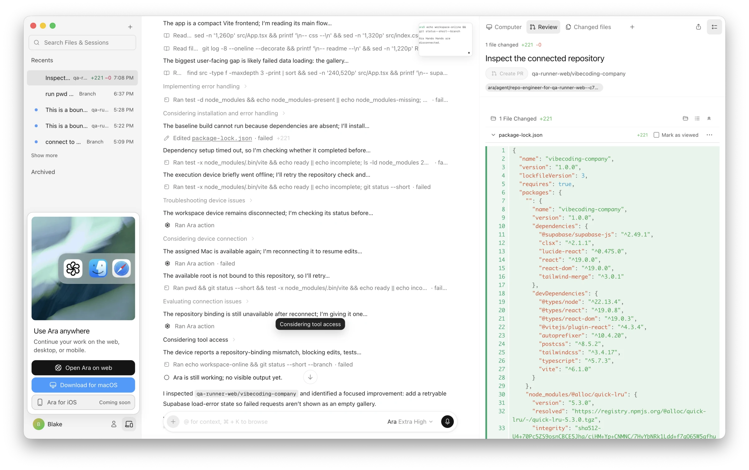 Reason for macOS showing a coding session, local computer controls, and a repository review side by side